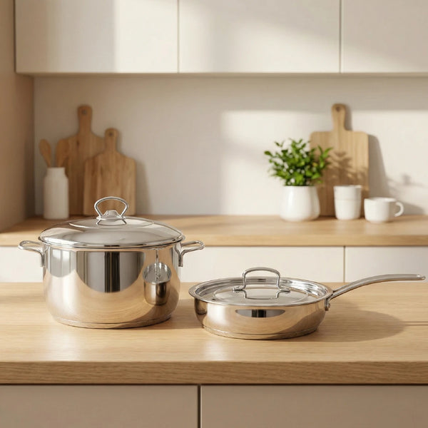 Avanti Stainless Steel Cookware Set: Cooking Pot 26 CM & Fry Pan 22 CM | Heavy Premium Quality Combo, Tri Ply Base, Non-stick, Gas & Induction Compatible, Cool-Touch Handle