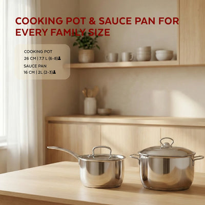 Avanti Stainless Steel Cookware Set: Cooking Pot 26 CM & Sauce Pan 16 CM (2.0 L) | Heavy Premium Quality Combo, Tri Ply Base, Non-stick, Gas & Induction Compatible, Cool-Touch Handle