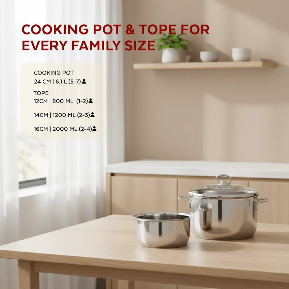 Avanti Stainless Steel Cookware Set: Cooking Pot 24 cm & Tope Set (12, 14 & 16 cm) | Heavy Premium Quality Combo, Tri Ply Base, Non-stick, Gas & Induction Compatible, Cool-Touch Handle