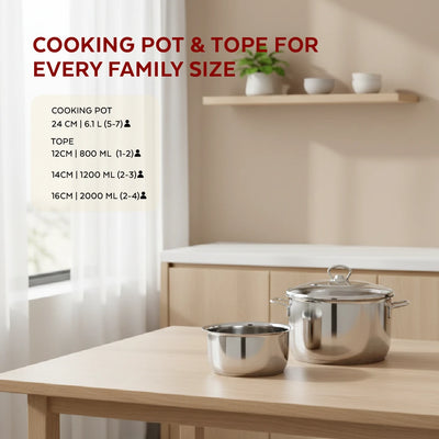 Avanti Stainless Steel Cookware Set: Cooking Pot 24 cm & Tope Set (12, 14 & 16 cm) | Heavy Premium Quality Combo, Tri Ply Base, Non-stick, Gas & Induction Compatible, Cool-Touch Handle