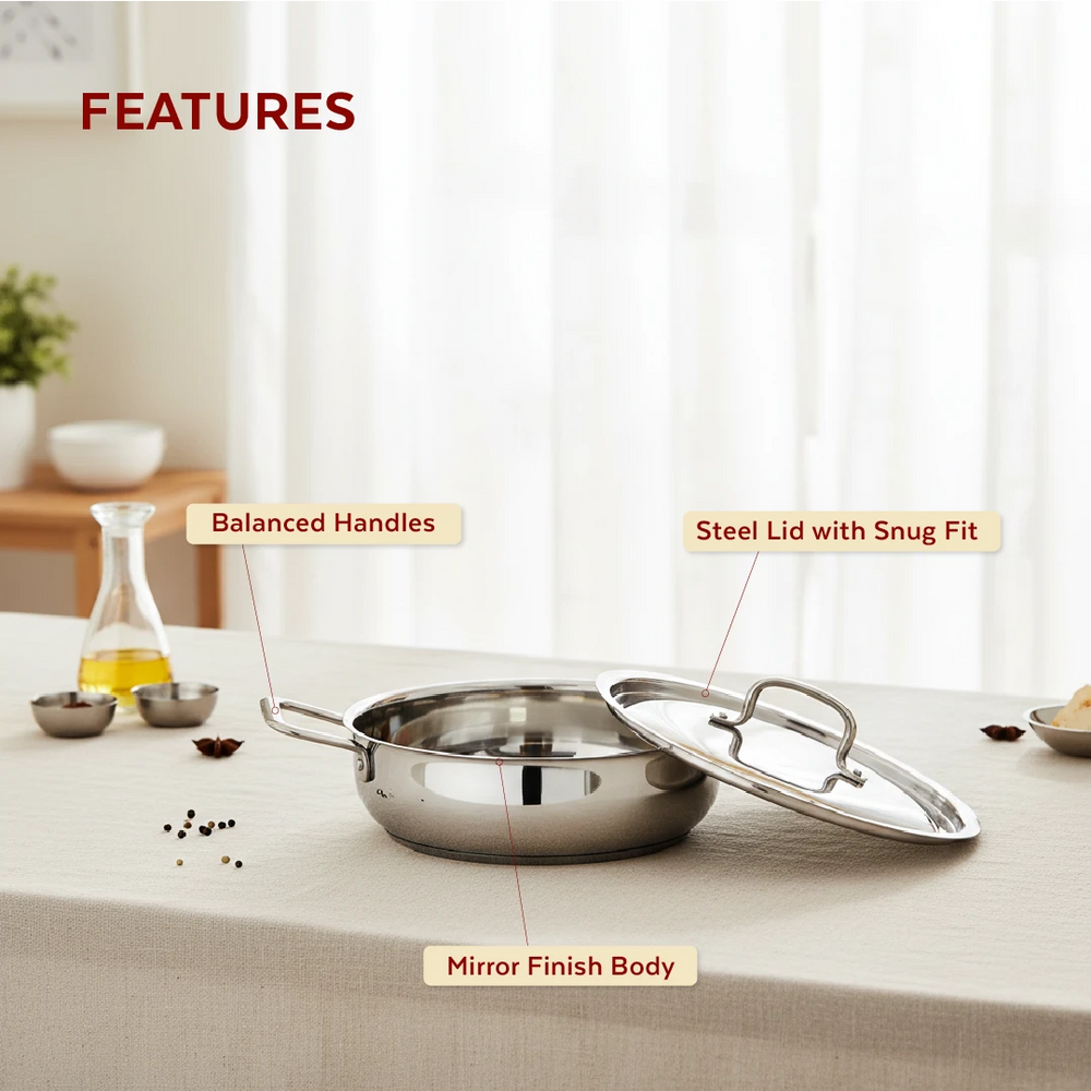 Avanti Stainless Steel Cookware Set: Kadai 22 CM & Fry Pan 22 CM | Heavy Premium Quality Combo, Tri Ply Base, Non-stick, Gas & Induction Compatible, Cool-Touch Handle