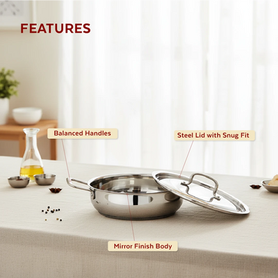Avanti Stainless Steel Cookware Set: Kadai 22 CM & Fry Pan 22 CM | Heavy Premium Quality Combo, Tri Ply Base, Non-stick, Gas & Induction Compatible, Cool-Touch Handle