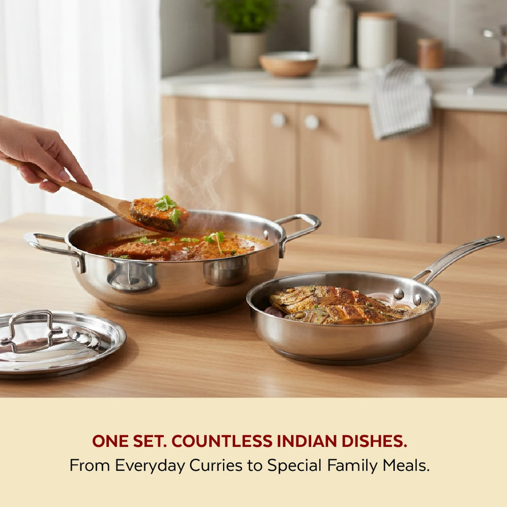 Avanti Stainless Steel Cookware Set: Kadai 22 CM & Fry Pan 22 CM | Heavy Premium Quality Combo, Tri Ply Base, Non-stick, Gas & Induction Compatible, Cool-Touch Handle
