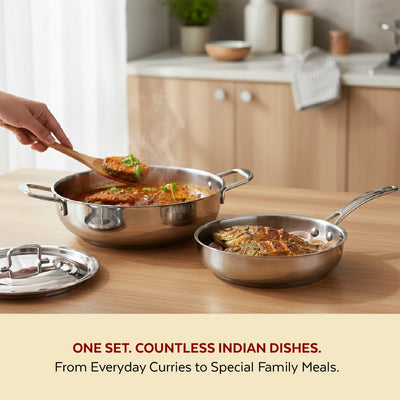 Avanti Stainless Steel Cookware Set: Kadai 22 CM & Fry Pan 22 CM | Heavy Premium Quality Combo, Tri Ply Base, Non-stick, Gas & Induction Compatible, Cool-Touch Handle