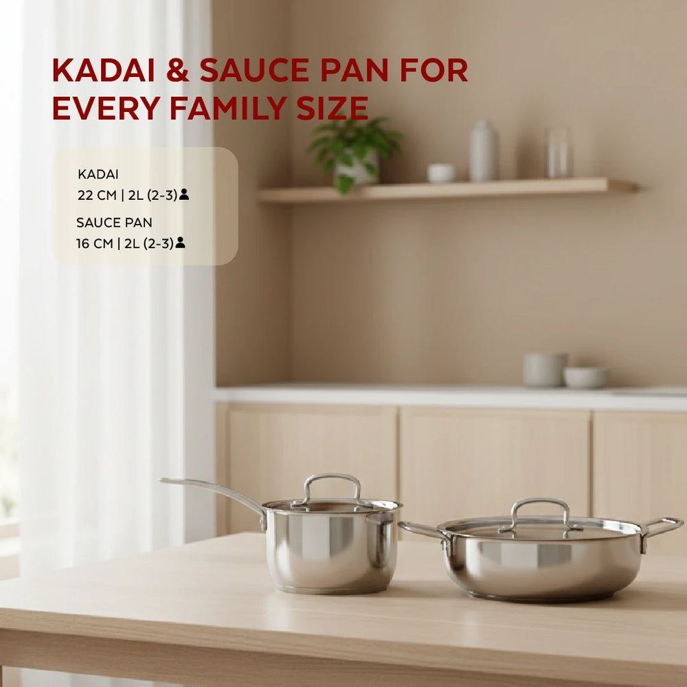 Avanti Stainless Steel Cookware Set: Kadai 22 CM & Sauce Pan 16 CM (2.0 L) | Heavy Premium Quality Combo, Tri Ply Base, Non-stick, Gas & Induction Compatible, Cool-Touch Handle