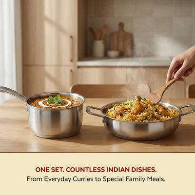 Avanti Stainless Steel Cookware Set: Kadai 22 CM & Sauce Pan 16 CM (2.0 L) | Heavy Premium Quality Combo, Tri Ply Base, Non-stick, Gas & Induction Compatible, Cool-Touch Handle