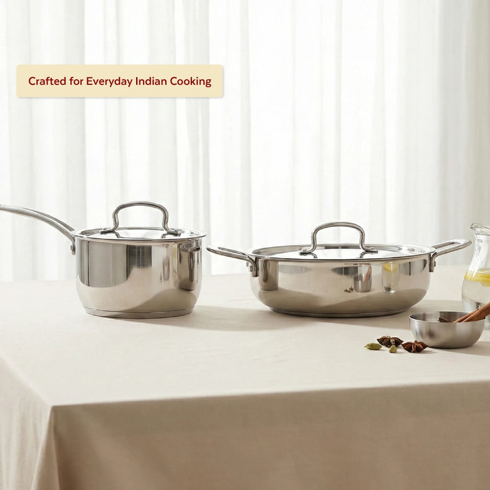 Avanti Stainless Steel Cookware Set: Kadai 22 CM & Sauce Pan 16 CM (2.0 L) | Heavy Premium Quality Combo, Tri Ply Base, Non-stick, Gas & Induction Compatible, Cool-Touch Handle