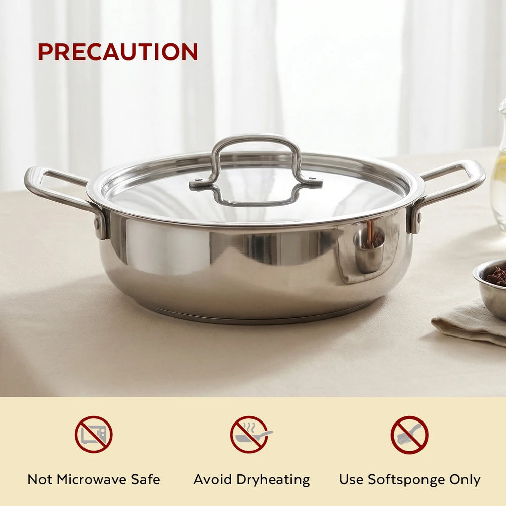 Avanti Stainless Steel Kadai: Premium Quality with Snug-Fit Lid, Tri Ply Base, Non-stick, Gas & Induction Compatible, Cool-Touch Handle