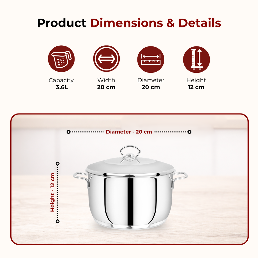 Avanti Stainless Steel Cooking / Biryani Pot Snug-Fit Lid, Premium Quality 304 Grade, Tri Ply Base, Non-stick, Gas & Induction Compatible, Cool-Touch Handle