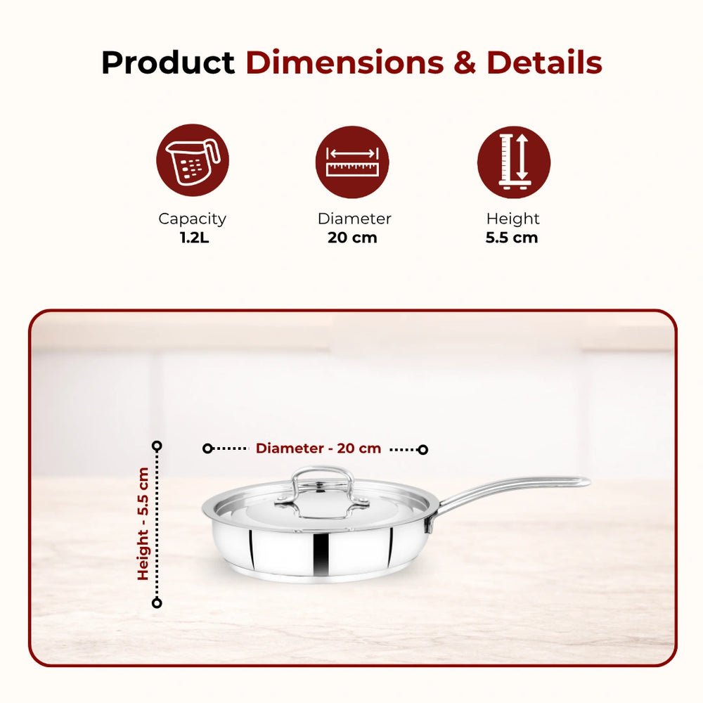 Avanti Stainless Steel Fry Pan: Premium Quality with Snug-Fit Lid, Tri Ply Base, Non-stick, Gas & Induction Compatible, Cool-Touch Handle, Free ₹300 SS Water Bottle