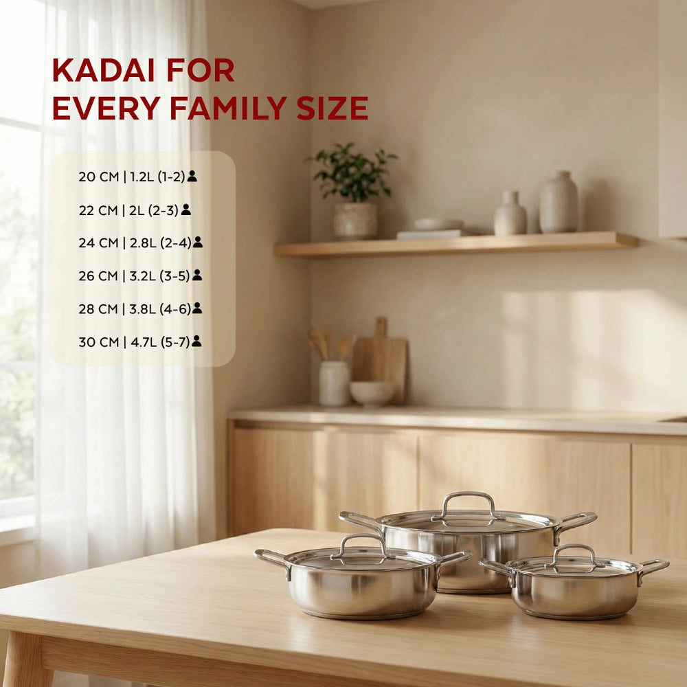 Avanti Stainless Steel Kadai: Premium Quality with Snug-Fit Lid, Tri Ply Base, Non-stick, Gas & Induction Compatible, Cool-Touch Handle