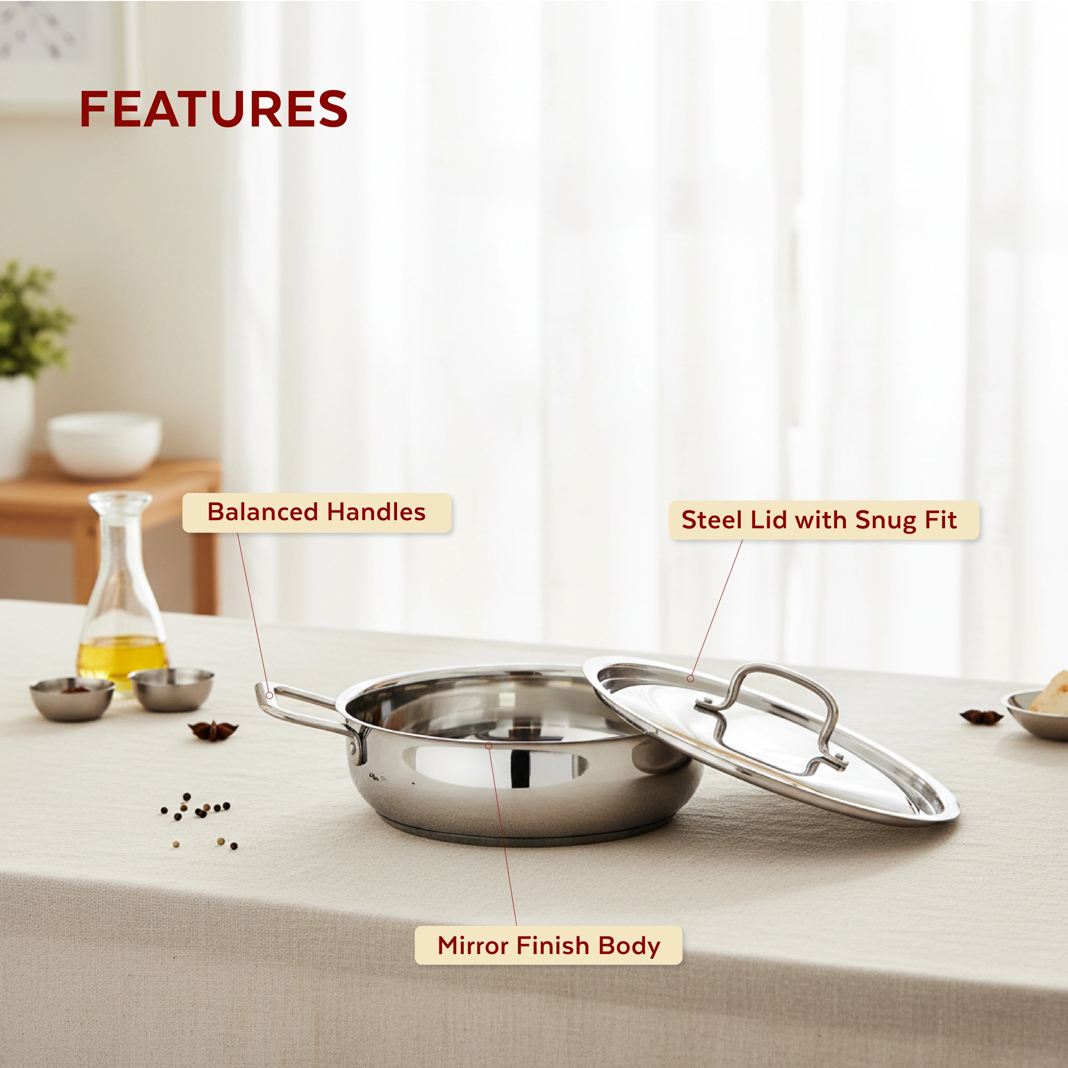 MAHAA Avanti Stainless Steel Kadai – Premium Quality with Snug-Fit Lid | Tri Ply Base | Non-stick | Gas & Induction Compatible | Cool-Touch Handle | 1.2L to 4.7L | Free ₹300 SS Water Bottle