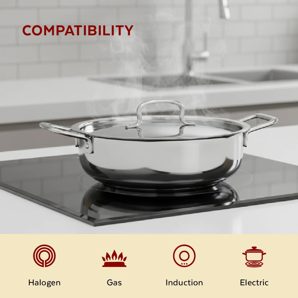 Avanti Stainless Steel Kadai: Premium Quality with Snug-Fit Lid, Tri Ply Base, Non-stick, Gas & Induction Compatible, Cool-Touch Handle