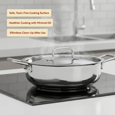 Avanti Stainless Steel Kadai: Premium Quality with Snug-Fit Lid, Tri Ply Base, Non-stick, Gas & Induction Compatible, Cool-Touch Handle