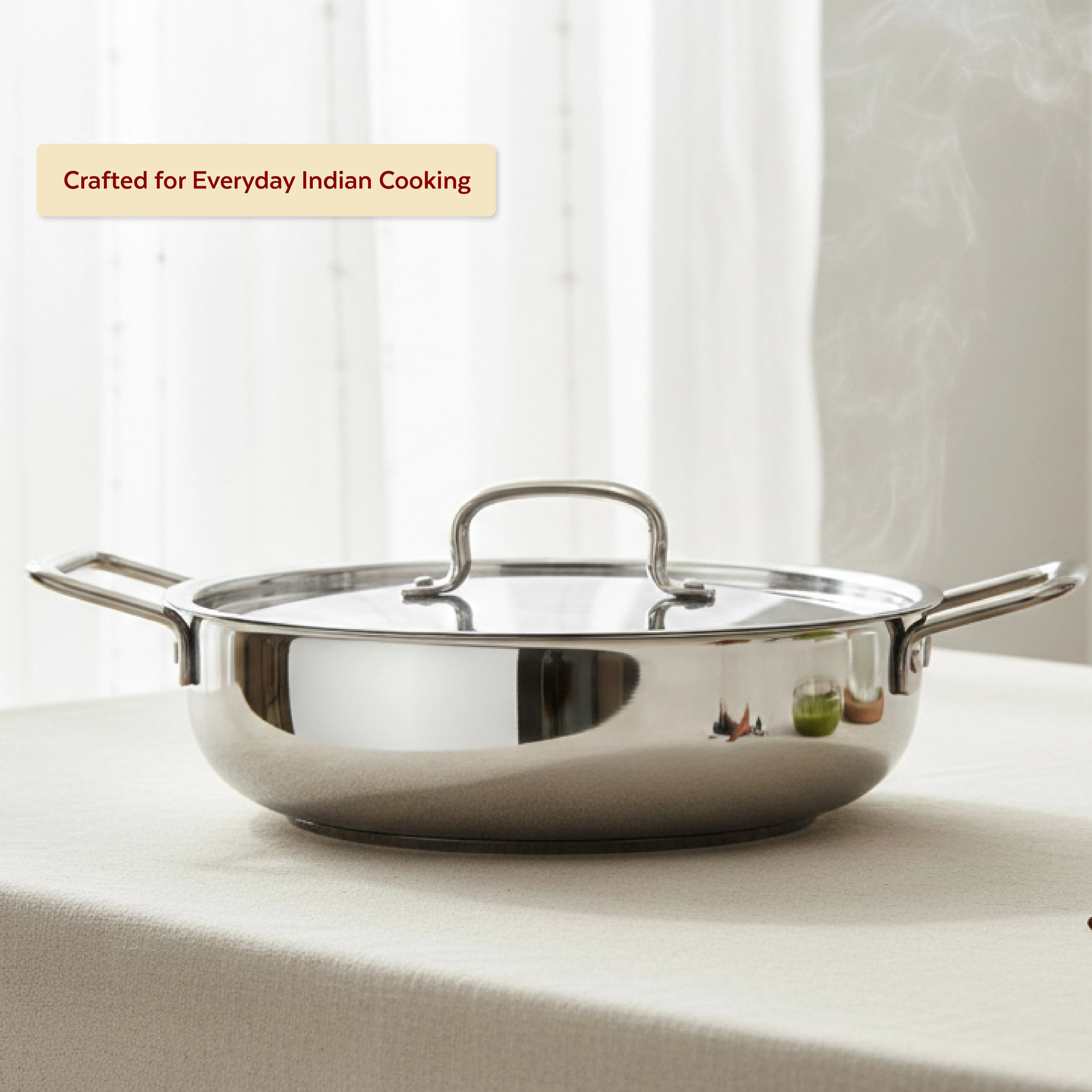 MAHAA Avanti Stainless Steel Kadai – Premium Quality with Snug-Fit Lid | Tri Ply Base | Non-stick | Gas & Induction Compatible | Cool-Touch Handle | 1.2L to 4.7L | Free ₹300 SS Water Bottle