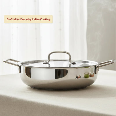 Avanti Stainless Steel Kadai: Premium Quality with Snug-Fit Lid, Tri Ply Base, Non-stick, Gas & Induction Compatible, Cool-Touch Handle
