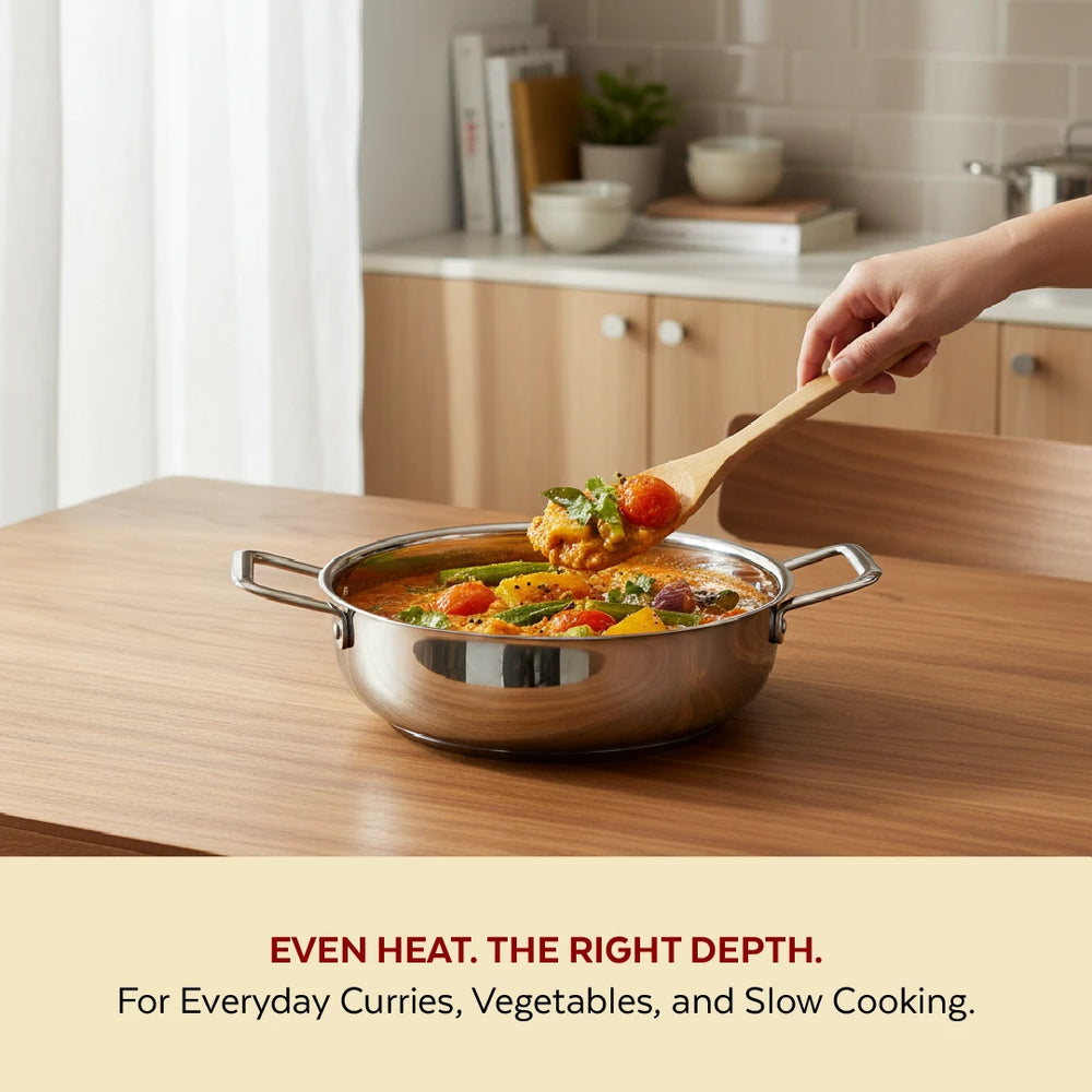 Avanti Stainless Steel Kadai: Premium Quality with Snug-Fit Lid, Tri Ply Base, Non-stick, Gas & Induction Compatible, Cool-Touch Handle