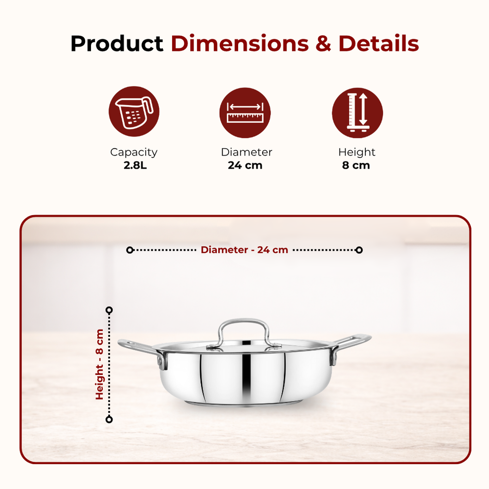 Avanti Stainless Steel Kadai: Premium Quality with Snug-Fit Lid, Tri Ply Base, Non-stick, Gas & Induction Compatible, Cool-Touch Handle