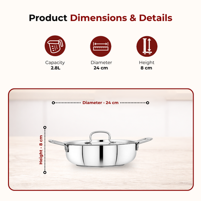 Avanti Stainless Steel Kadai: Premium Quality with Snug-Fit Lid, Tri Ply Base, Non-stick, Gas & Induction Compatible, Cool-Touch Handle