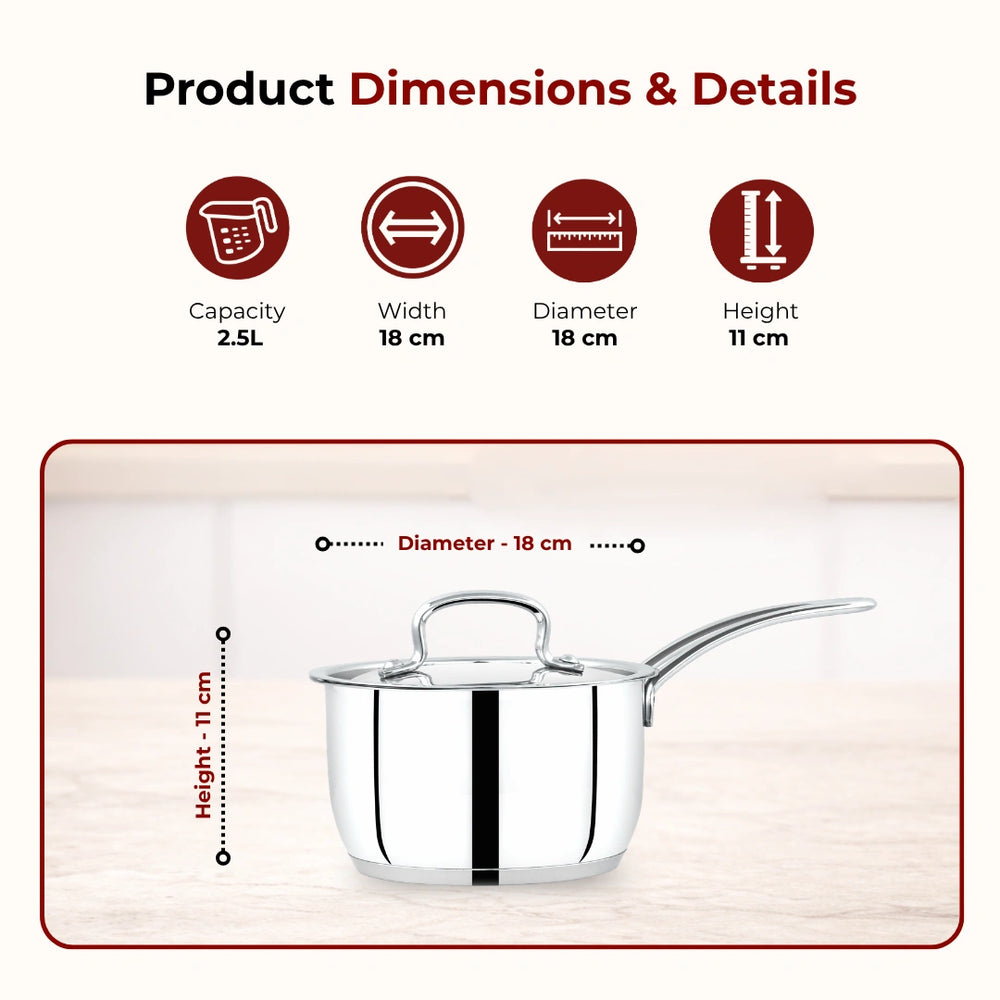 Avanti Stainless Steel Sauce Pan: Premium Quality with Snug-Fit Lid, Tri Ply Base, Non-stick, Gas & Induction Compatible, Cool-Touch Handle, Free ₹300 SS Water Bottle