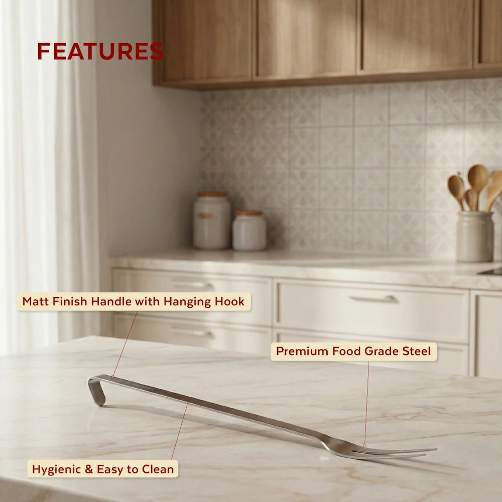 Stainless Steel Basting Fork, Two-Tine Fork, Matt Finish, Hanging Hook, Ideal for Meat, Tandoori, Barbeque, 32/38/53 CM