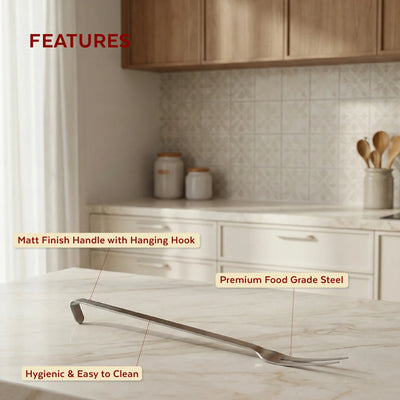 Stainless Steel Basting Fork, Two-Tine Fork, Matt Finish, Hanging Hook, Ideal for Meat, Tandoori, Barbeque, 32/38/53 CM