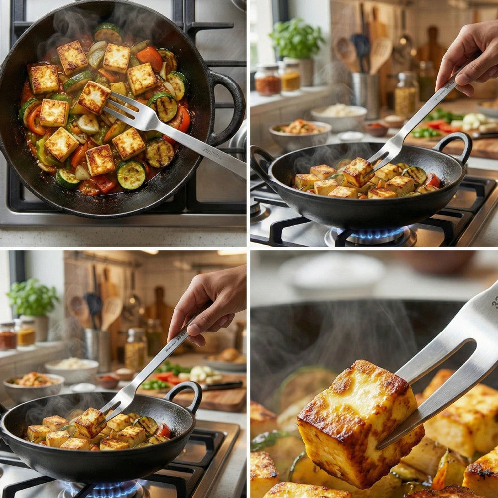 Stainless Steel Basting Fork, Two-Tine Fork, Matt Finish, Hanging Hook, Ideal for Meat, Tandoori, Barbeque, 32/38/53 CM