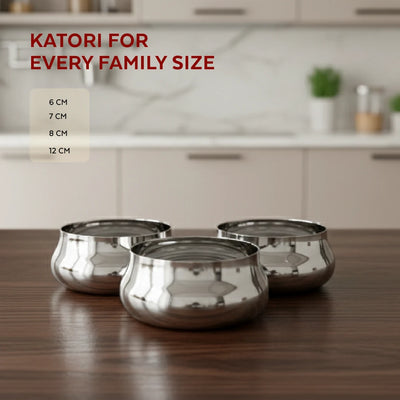 Stainless Steel Bulging Katori – 2 Pcs Set, High Quality, Mirror Finish, Rust-Free & Dishwasher Safe, Ideal for Curries, Sweets & Side Servings, 6 cm, 7 cm, 8 cm, 12 cm