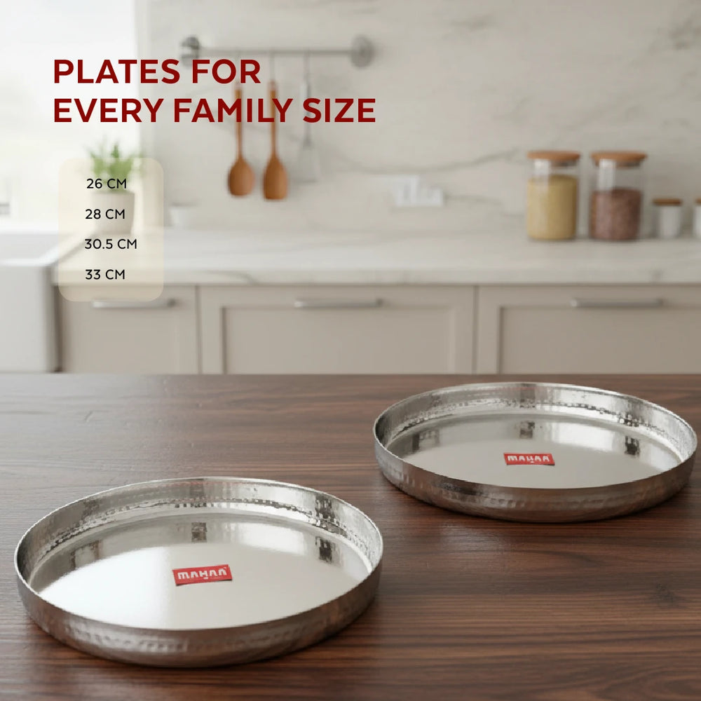 Stainless Steel Bulging Thali – 2 Pcs Set, High Quality, Hammered Finish, Durable & Rust-Free, Ideal for Daily & Festive Use, 26cm, 28cm, 30.5cm, 33cm