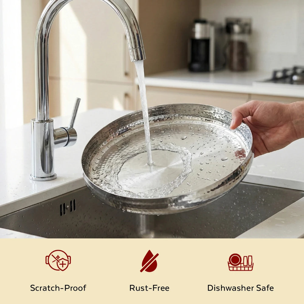 Stainless Steel Bulging Thali – 2 Pcs Set, High Quality, Hammered Finish, Durable & Rust-Free, Ideal for Daily & Festive Use, 26cm, 28cm, 30.5cm, 33cm