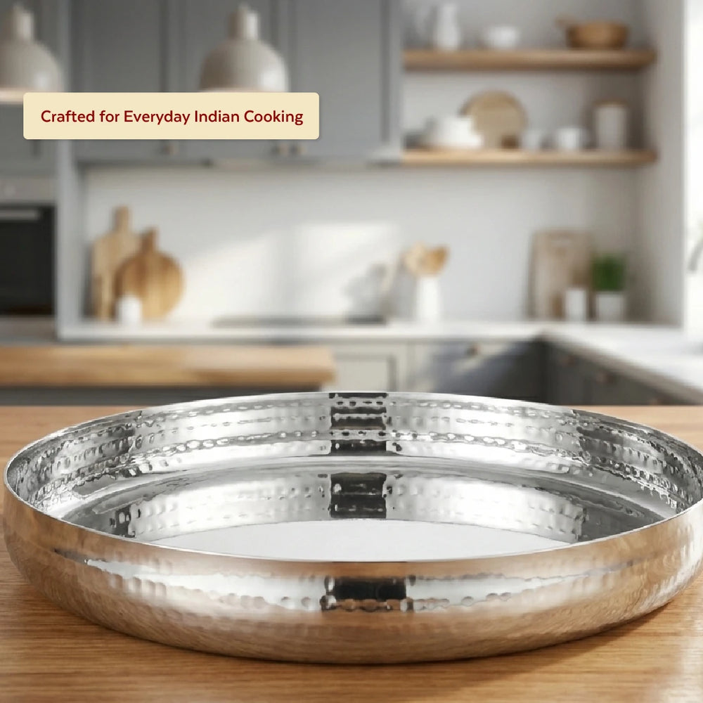 Stainless Steel Bulging Thali – 2 Pcs Set, High Quality, Hammered Finish, Durable & Rust-Free, Ideal for Daily & Festive Use, 26cm, 28cm, 30.5cm, 33cm