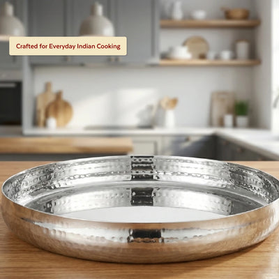 Stainless Steel Bulging Thali – 2 Pcs Set, High Quality, Hammered Finish, Durable & Rust-Free, Ideal for Daily & Festive Use, 26cm, 28cm, 30.5cm, 33cm