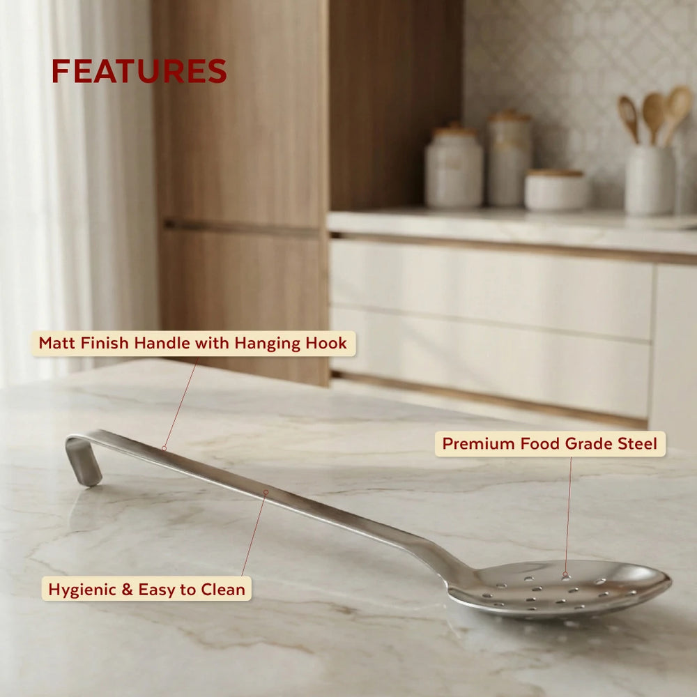 Stainless Steel Basting Skimmer, Professional Tool, Matt Finish, Long Handle with Hanging Hook, Ideal for Hotel & Catering Use, 33/38/52 CM
