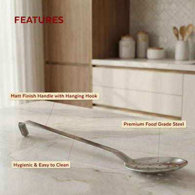 Stainless Steel Basting Skimmer, Professional Tool, Matt Finish, Long Handle with Hanging Hook, Ideal for Hotel & Catering Use, 33/38/52 CM