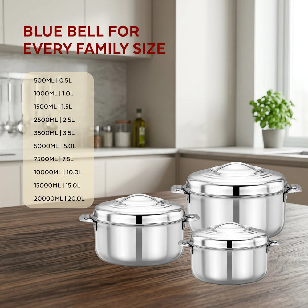 Blue Bell Stainless Steel Insulated Casserole – Snug-Fit Lock, Rust-Free & Stylish Hot Pot, Hot Pot for Roti-Rice-Gravy-Curry, Retains Temperature, Twist Lock, Free ₹300 SS Water Bottle