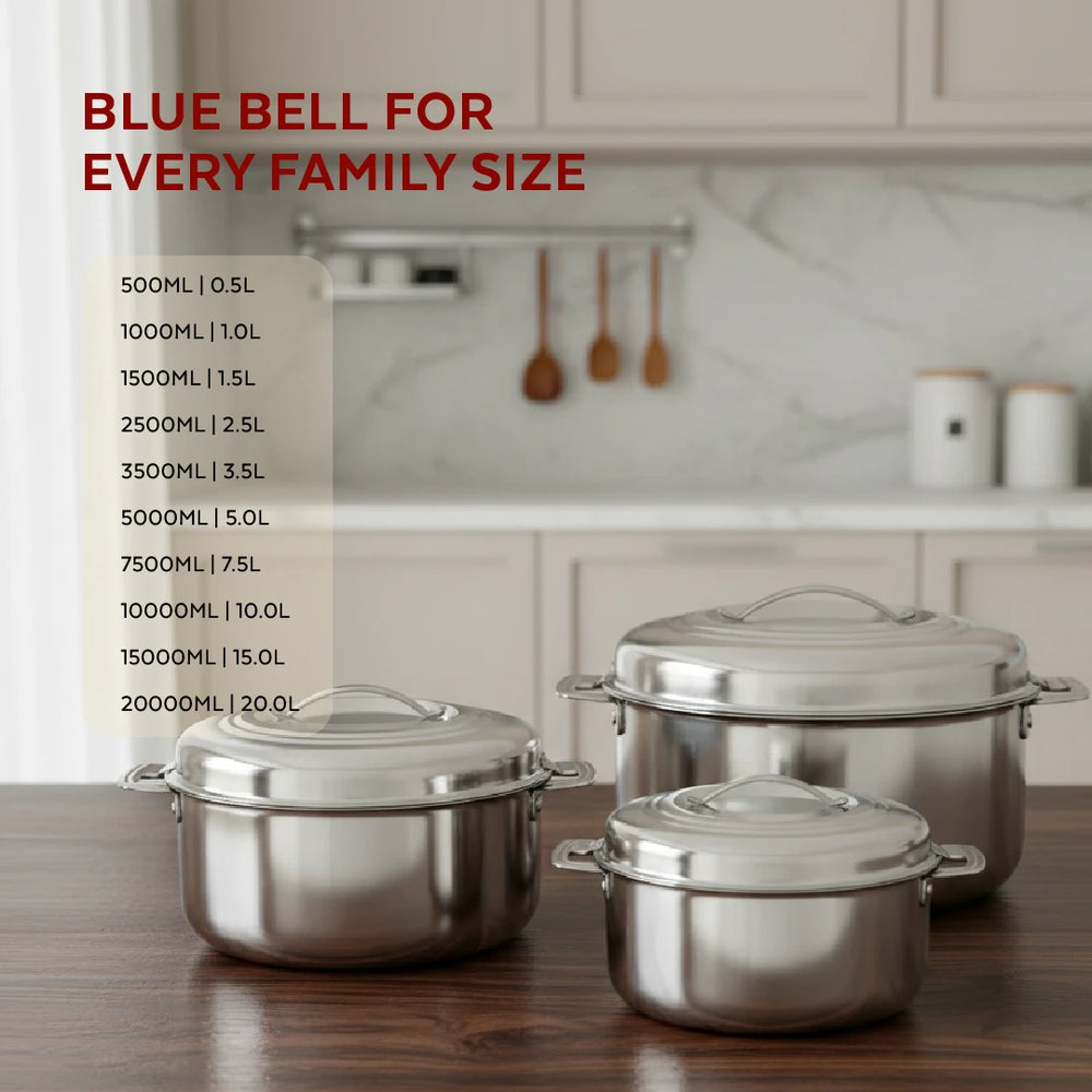 Blue Bell Stainless Steel Insulated Casserole – Snug-Fit Lock, Rust-Free & Stylish Hot Pot, Hot Pot for Roti-Rice-Gravy-Curry, Retains Temperature, Twist Lock, Free ₹300 SS Water Bottle