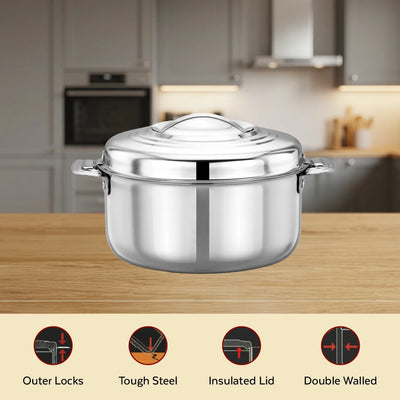 Blue Bell Stainless Steel Insulated Casserole – Snug-Fit Lock, Rust-Free & Stylish Hot Pot, Hot Pot for Roti-Rice-Gravy-Curry, Retains Temperature, Twist Lock, Free ₹300 SS Water Bottle