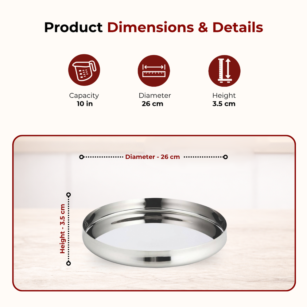 Stainless Steel Bulging Thali: 2 Pcs Set, High Quality, Mirror Finish, Durable & Rust-Free, Ideal for Daily & Festive Use, 26cm, 28cm, 30.5cm, 33cm