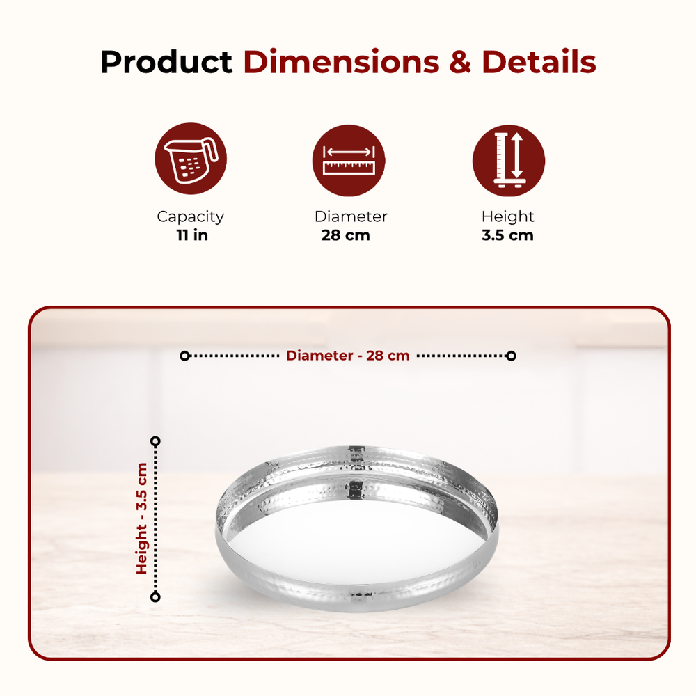 Stainless Steel Bulging Thali – 2 Pcs Set, High Quality, Hammered Finish, Durable & Rust-Free, Ideal for Daily & Festive Use, 26cm, 28cm, 30.5cm, 33cm
