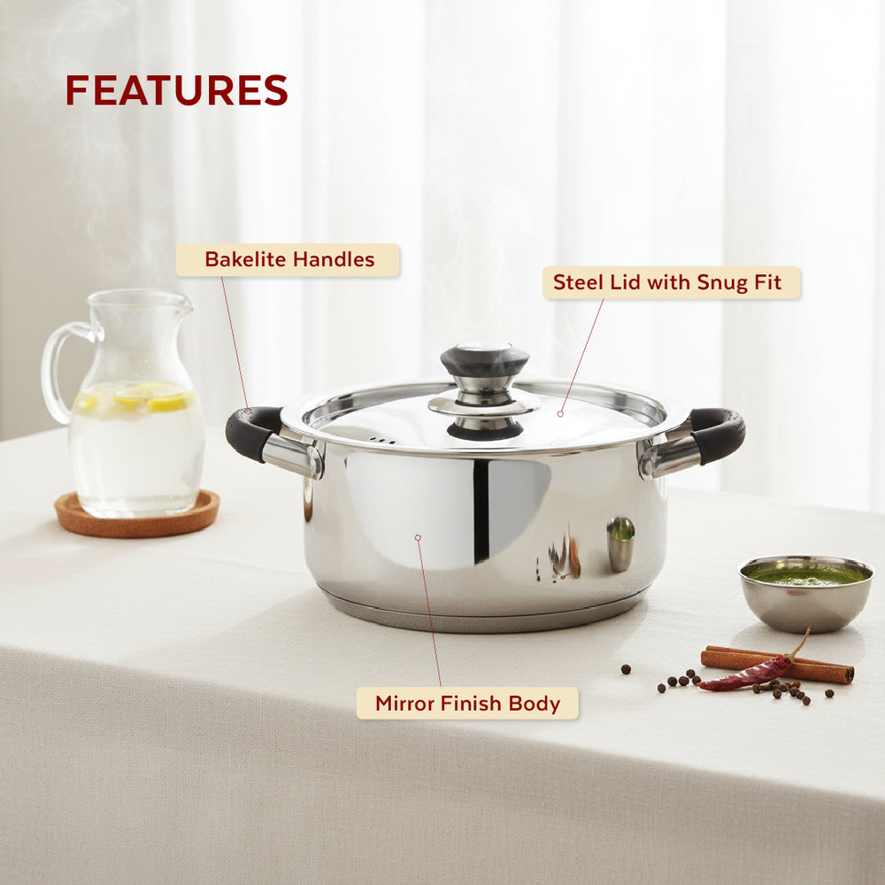 Chroma Stainless Steel Casserole + Lid, Cook Curries, Dal, Rice | Easy Clean, Tri Ply Base, Non-stick, Gas & Induction Compatible, StayCool+ Handle and Knob, 2.5L/3.6L/4.5L