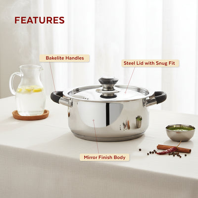 Chroma Stainless Steel Casserole + Lid, Cook Curries, Dal, Rice | Easy Clean, Tri Ply Base, Non-stick, Gas & Induction Compatible, StayCool+ Handle and Knob, 2.5L/3.6L/4.5L