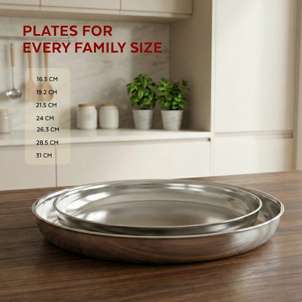 Stainless Steel China Plate - 2 Pcs Set, High Quality, Mirror Finish, Durable & Rust-Free, Ideal for Daily & Festive Use, 16.5cm, 19.2cm, 21.5cm, 24cm, 26.3cm, 28.5cm, 31cm