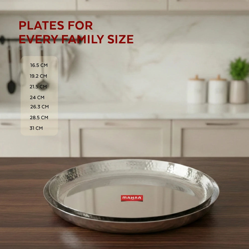 Stainless Steel China Plate - 2 Pcs Set, High Quality, Hammered Finish, Durable & Rust-Free, Ideal for Daily & Festive Use, 16.5cm, 19.2cm, 21.5cm, 24cm, 26.3cm, 28.5cm, 31cm