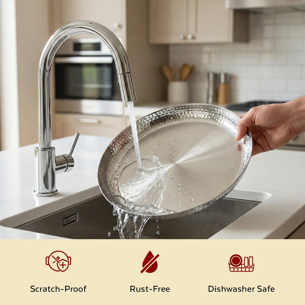 Stainless Steel China Plate - 2 Pcs Set, High Quality, Hammered Finish, Durable & Rust-Free, Ideal for Daily & Festive Use, 16.5cm, 19.2cm, 21.5cm, 24cm, 26.3cm, 28.5cm, 31cm
