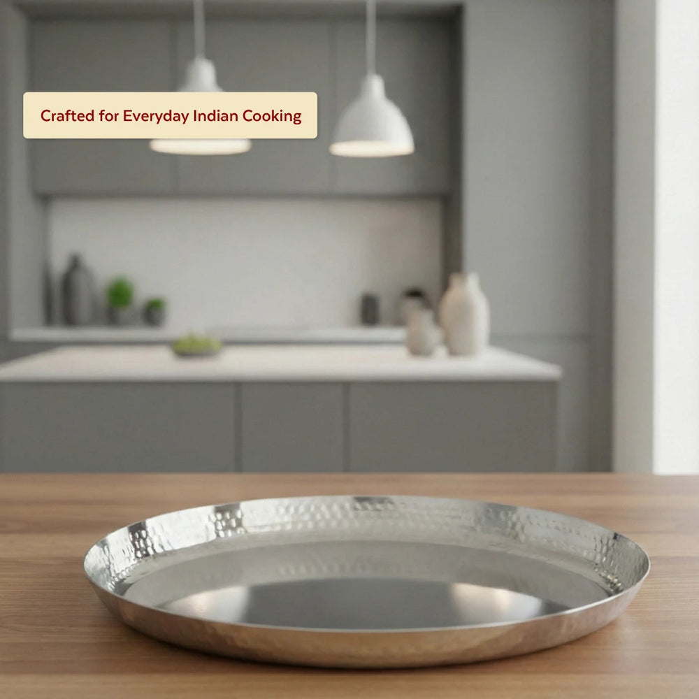 Stainless Steel China Plate - 2 Pcs Set, High Quality, Hammered Finish, Durable & Rust-Free, Ideal for Daily & Festive Use, 16.5cm, 19.2cm, 21.5cm, 24cm, 26.3cm, 28.5cm, 31cm