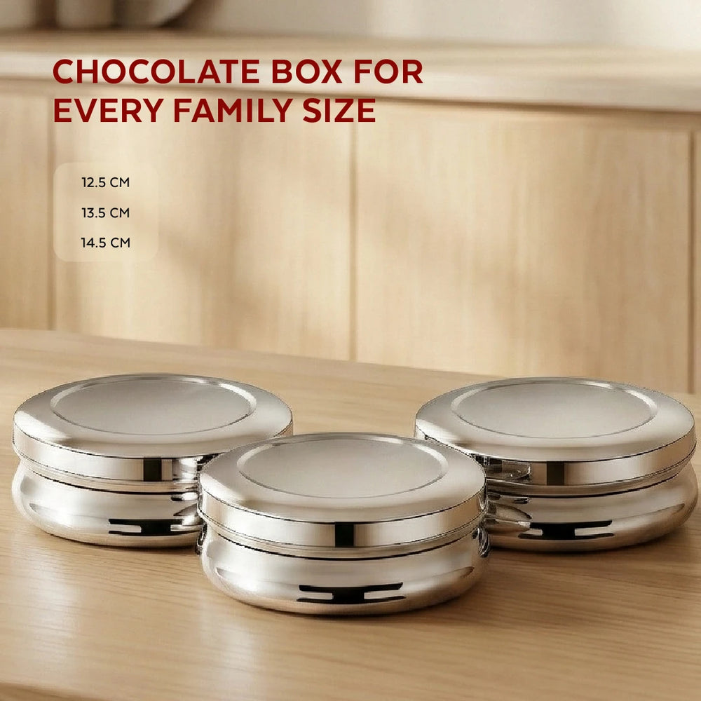 Stainless Steel Chocolate Box 3 Pcs Set: Compact, Rust-Free Puri Dabba, Elegant, Stylish Storage Containers for Puri, Snacks, Food, Durable Quality Tiffin Dabba for Daily Use, 12.5cm/13.5cm/14.5cm