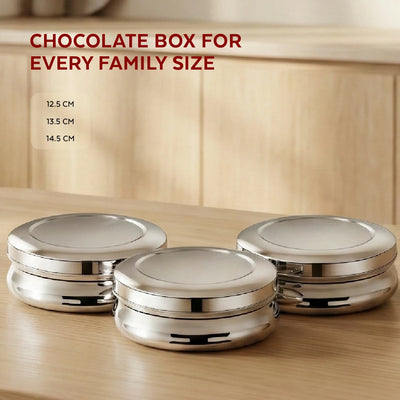 Stainless Steel Chocolate Box 3 Pcs Set: Compact, Rust-Free Puri Dabba, Elegant, Stylish Storage Containers for Puri, Snacks, Food, Durable Quality Tiffin Dabba for Daily Use, 12.5cm/13.5cm/14.5cm