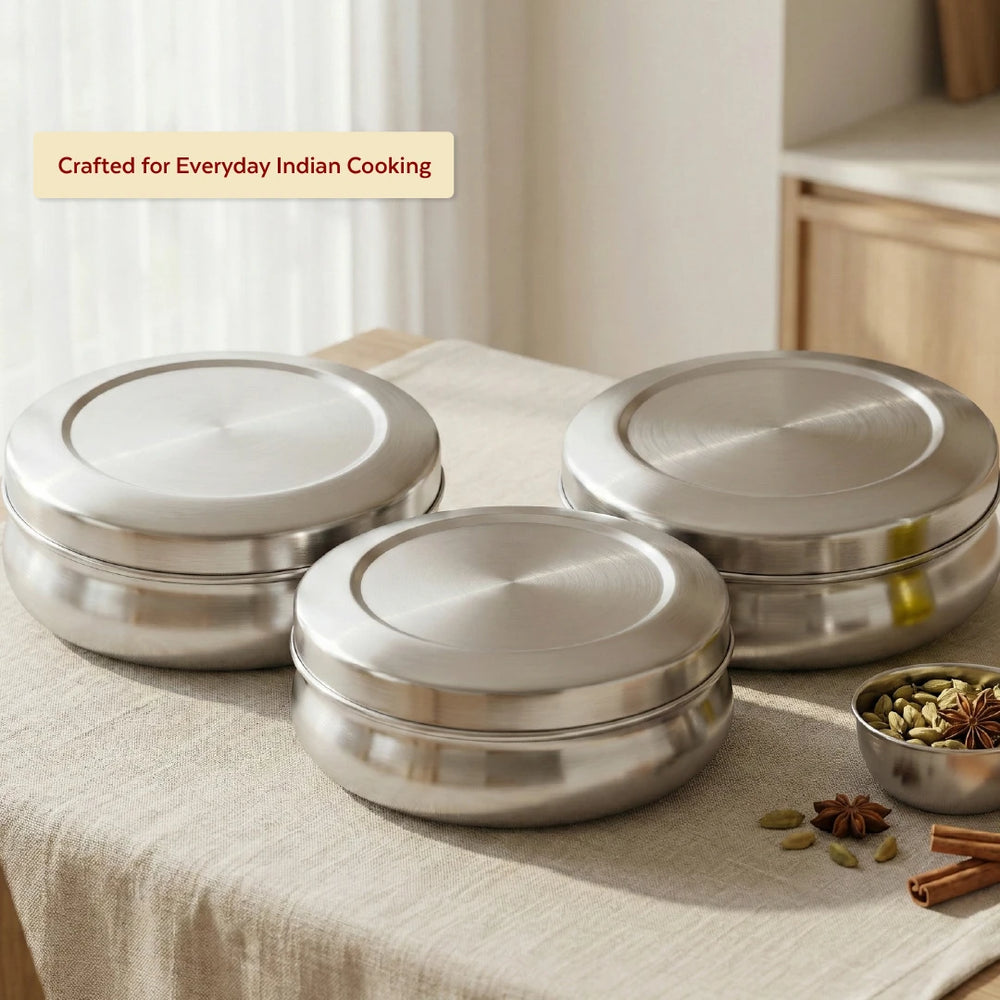 Stainless Steel Chocolate Box 3 Pcs Set: Compact, Rust-Free Puri Dabba, Elegant, Stylish Storage Containers for Puri, Snacks, Food, Durable Quality Tiffin Dabba for Daily Use, 12.5cm/13.5cm/14.5cm