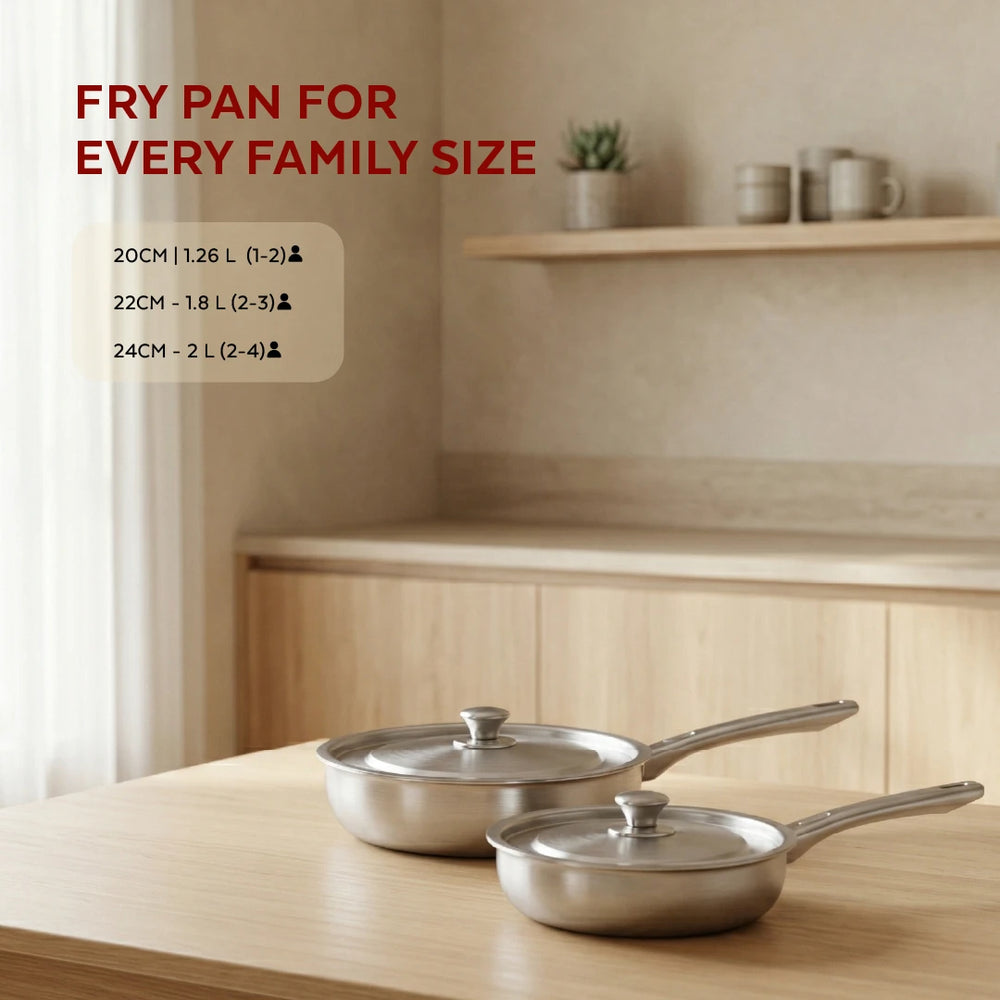 Classic Stainless Steel Fry Pan + Lid, Cook & Saute Curries, Dal, Pasta, Gas & Induction Compatible, Cool Touch Handle and Knob
