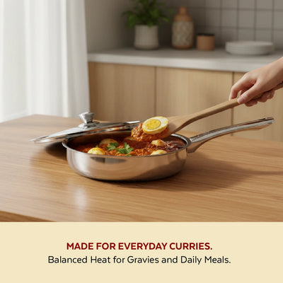 Classic Stainless Steel Fry Pan + Lid, Cook & Saute Curries, Dal, Pasta, Gas & Induction Compatible, Cool Touch Handle and Knob